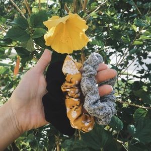 mustard floral handmade hair scrunchie set